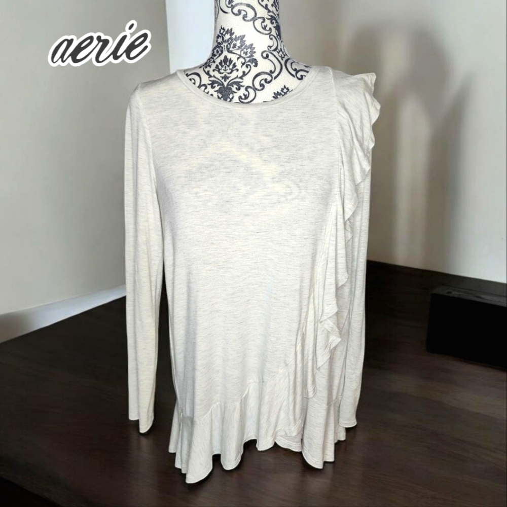AERIE Cream Ruffle Long Sleeve Top- Medium